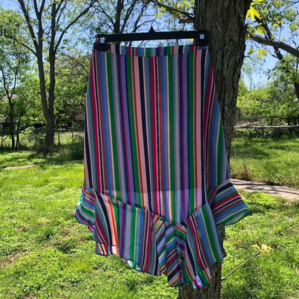 A New Day Midi Multicolor Striped Asymmetrical Hem Skirt Size Small